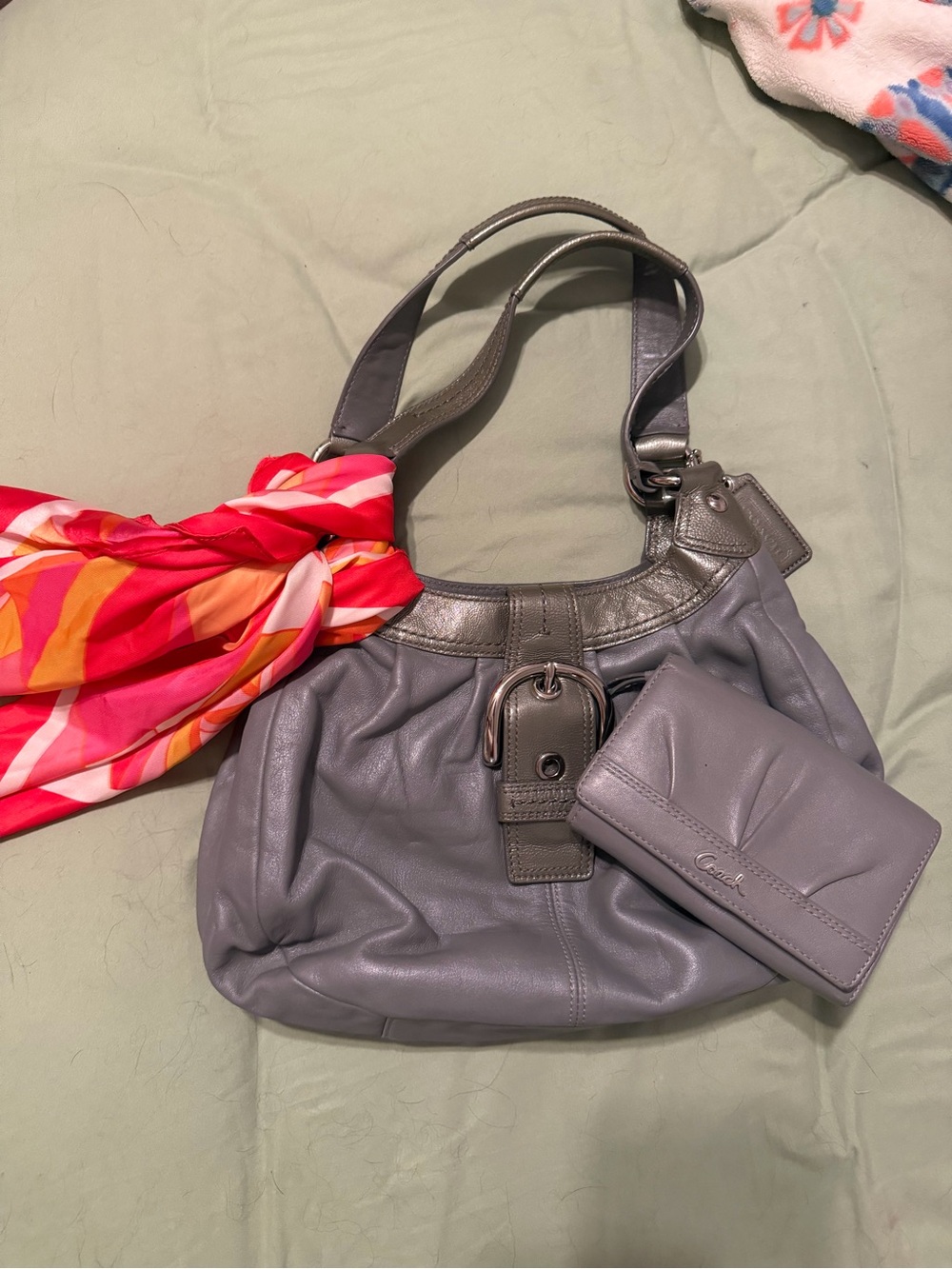 Coach Gray Pebbled Leather Shoulder Bag with Matching Wallet